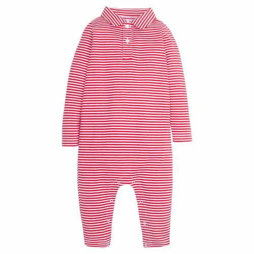 Long Sleeve Polo Romper - Red Stripe