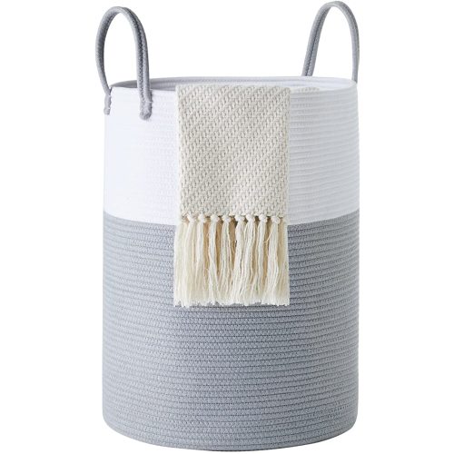 Cotton Rope Laundry Hamper by YOUDENOVA, 58L - Woven Collapsible Laundry Basket - Clothes Storage Basket for Blankets, Laundry Room Organizing, Bedroom Storage, Clothes Hamper – Grey & White