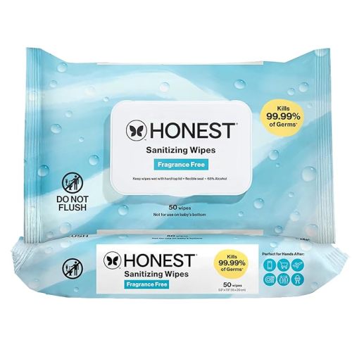 The Honest Company Fragrance-Free Sanitizing Alcohol Wipes, Antibacterial, Safe for Hands Kills 99% of Germs, Made With Aloe, 100 Count, (2 Packs 50)