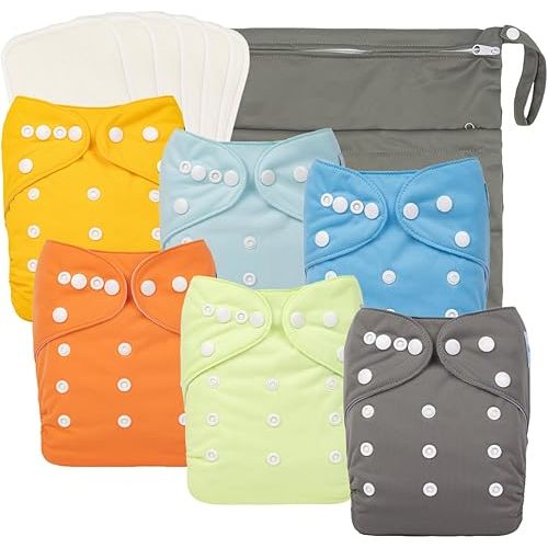 babygoal Baby Reusable Cloth Diapers 6 Pack+6pcs Rayon from Bamboo Inserts+Wet Bag, One Size Adjustable Washable Pocket Nappy Covers for Boys 6FB42-MB-CA