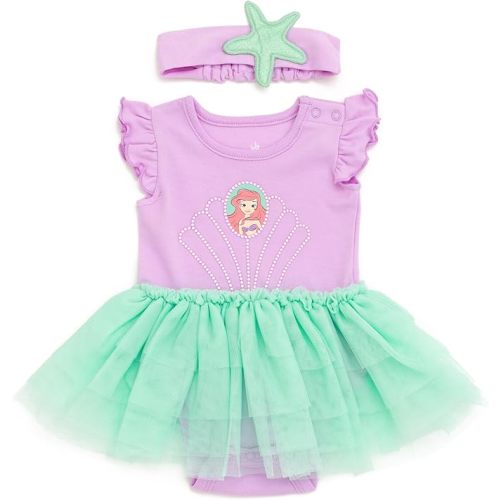 Disney Princess Baby Girls Cosplay Bodysuit With Skirt Overlay & Headband Outfit Set Newborn to Infant Sizes (0-24 Months)