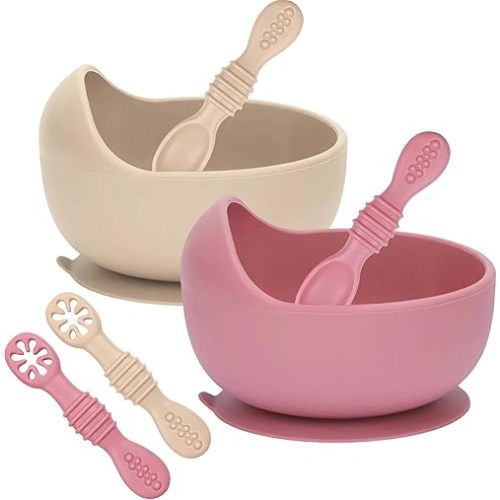 Baby Bliss 6 Piece Bowls & Training Spoons Self Feeding Set, 100% Food Grade Silicone, Non-Slip Bowl and Utensils for Led Weaning, BPA Free