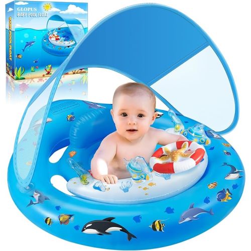 Baby Pool Float with Canopy UPF50+ Sun Protection, Inflatable Kids Pool Floats with Toy Play Console for Baby 6-36 Months, Infant Swimming Float with Adjustable Safety Seat for Boys Girls