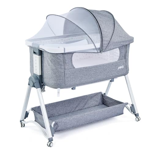JMMD Baby Bassinets, 3 in 1 Bedside Sleeper, Baby Bedside Crib Sleeper with Adjustable Height, Removable Mosquito Net and Storage Basket, Easy Folding Portable Crib for Newborn (Grey)