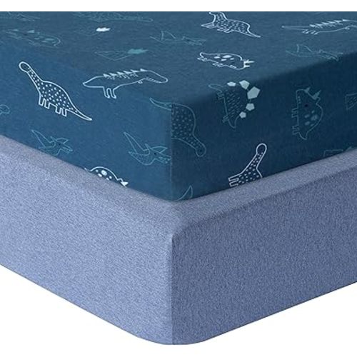 Cotton Crib Sheets,2-Pack,Standard Crib Sheet Boys,Girls,100% Cotton Crib Sheets,Soft Crib Sheet,Cotton Crib Sheet Fitted and Toddler Bed Sheets,52x28 Crib Mattress Sheet | Dino,Denim Blue