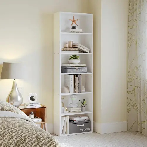 MXV Bookshelf, 6-Tier Open Bookcase, Storage Shelves, Display Storage Shelves, Floor Standing Unit, Home Decor, Furniture for Home Office, Living Room, Bedroom, White