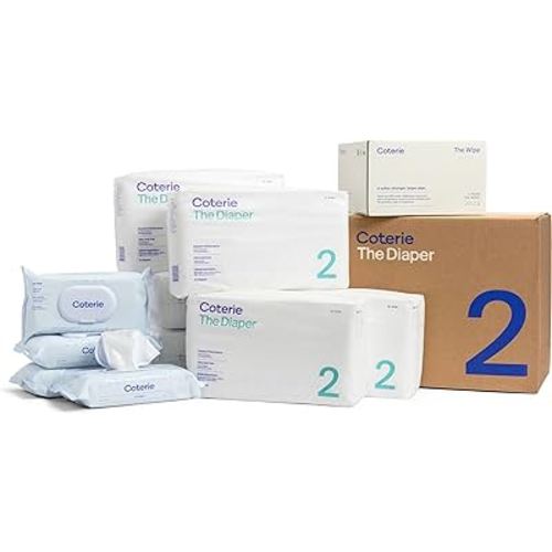 Coterie Baby Diapers + Wipes Baby Kit, Size 2 (186 Count) + 4 Wipe Packs (224) Wipes Made with Plant-Based Fibers, Hypoallergenic, Designed for Sensitive Skin, Clean Ingredients