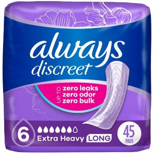 Always Discreet Incontinence and Postpartum Incontinence Pads for Women - Extra Heavy Absorbency - Long Length - 45ct