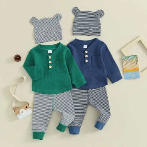 Baby Waffle Top Striped Pants and Hat 3pcs Set