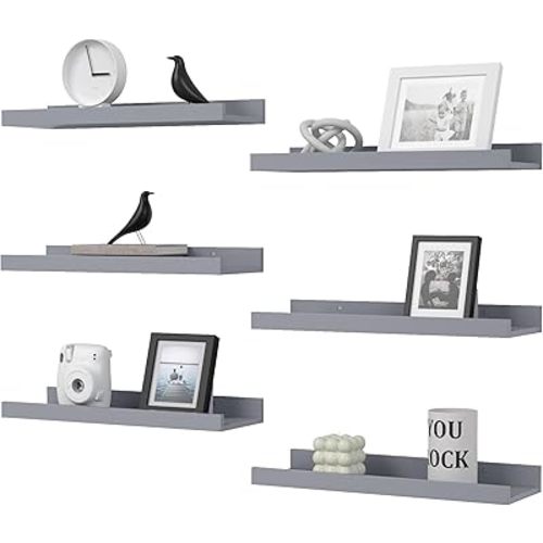 Floating Shelves Set of 6, Grey Wall Shelves with Lip, Display Shelves for Wall Decor, Modern Picture Ledge for Living Room, Bedroom, Nursery, Bathroom, Pictures, Books, Plants- Grey
