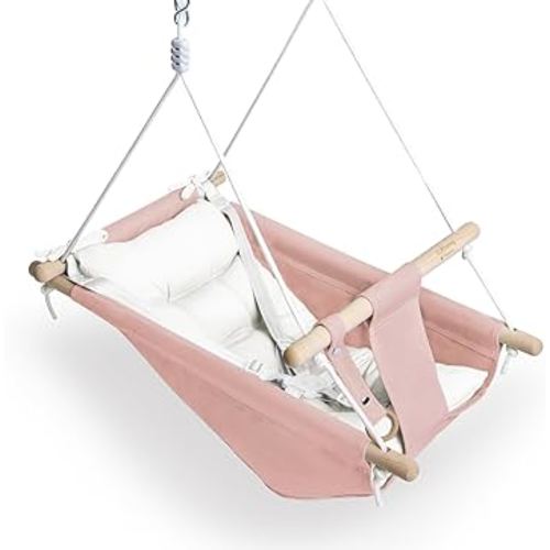 Baby Swing for Baby and Toddler, Canvas Baby Hammock Swing Indoor and Outdoor with Safety Belt and Mounting Hardware, Wooden Hanging Swing Seat Chair for Baby up to 3 Years - Pink