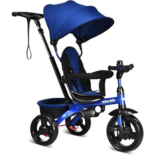INFANS Kids Tricycle, 6 in 1 Stroll Trike with Adjustable Push Handle, Removable Canopy, Retractable Foot Plate, Lockable Pedal, Detachable Guardrail, Suitable for 10 Months to 5 Years (Blue)