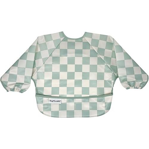 Tiny Twinkle Mess Proof Baby Bib, Cute Full Sleeve Bib Outfit, Waterproof Bibs for Toddlers, Machine Washable, Tug Proof, Baby Smock for Eating, Long Sleeved (Checkers Sage, Small 6-24 Months)