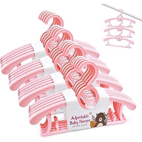 HGYZE Baby Hangers for Closet 20pcs, Pink Kids Clothes Hanger Plastic, 11-14" Adjustable Bulk Perchas for Newborn, Non-Slip Children Outfit Bear Hanger for Girl Boy Toddler Infant Nursery Clothing