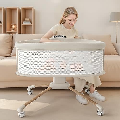 Electric Smart Soothing Baby Bassinet with 5 Rocking Speeds, 3 Timer Modes, 12 Soothing Musics, 3 Adjustable Heights, Breathable Mesh Sides and Mosquito Net