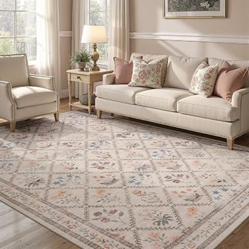 DCX Washable 6x9 Rose Biege Floral Rug for Girls Bedroom, Soft Cottagecore Rug for Baby Girl Nursery, Non Slip Low Pile, Kid & Pet Friendly Vintage Botanical Carpet