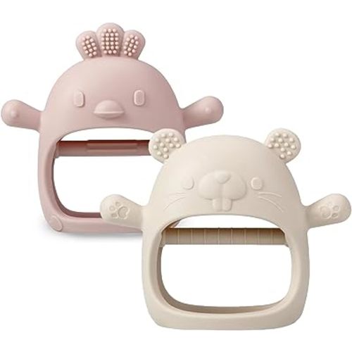 PandaEar 2 Pack Silicone Baby Teething Toys| Baby Hand Teether Mitten for Sucking Needs| Baby Chew Toys Hand Pacifier for Soothing Teething Pain Relief (White/Pink)