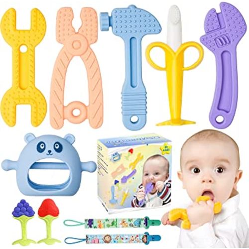 8 PC Baby Teething Toys, Teethers Set for 0-6, 3-6 Months & 6-12 Months, Baby Essentials, Infant Toys, Baby Chew Toys Set, Food Grade Silicone, Hammer Wrench Spanner Pliers Fruit Giraffe Shape Teether