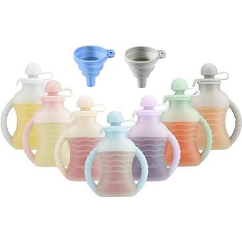 PandaEar 7-Pack Reusable Silicone Baby Food Pouches with Handles, 4oz Refillable Squeeze Pouches for Toddlers & Infants, BPA-Free Self-Feeding Yogurt & Smoothie Bags, Includes 2 Funnels