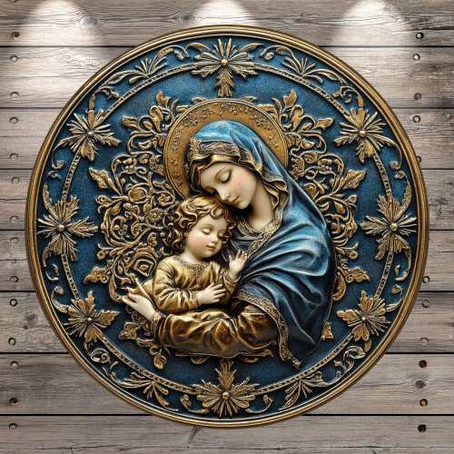 Mother Mary, Holding Baby Jesus, Christmas, Gold and Blue, Faux 3D, Light Weight, Metal, Wreath Sign, No Holes In Sign