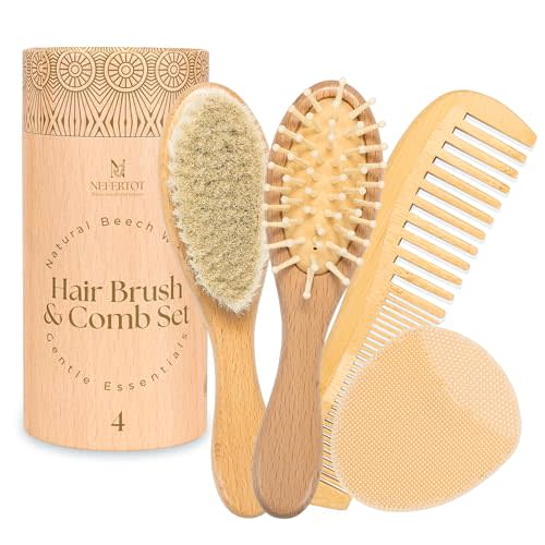 Wooden Baby Hair Brush Grooming Kit with Beech Wood Goat Hair Brush, Cradle Cap Brush, Silicone Scalp Massager, Ultra Soft Bristle Brush | Gender Neutral Newborn Hairbrush Set for Boy or Girl
