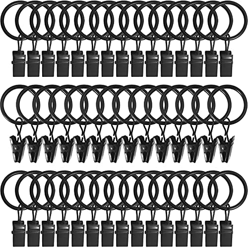 AMZSEVEN 44 Pack Metal Curtain Rings with Clips, Drapery Clips with Rings, Drapes Rings 1 in I D, Fits Diameter 6/8 in Curtain Rod, Black