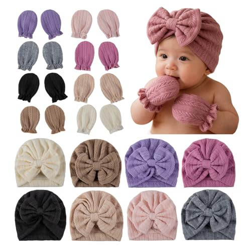 8 Sets Newborn Baby Hats & Mittens Cotton Preemie Infant Bow Beanies Caps Mitten Gloves Hospital Beanie Hat for New Born Boy Girl 0-3 Months