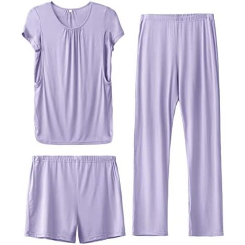 SUNNYBUY Womens Maternity Nursing Pajamas Set, Short Sleeve Breastfeeding Shirts,Pregnancy Shorts & Pants 3 Piece Nursing PJS