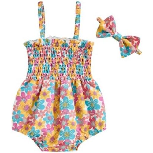 Newborn Baby Girl Summer Bodysuit Flower Print One Piece Ruffle Strap Romper Jumpsuit Playsuit with Headband