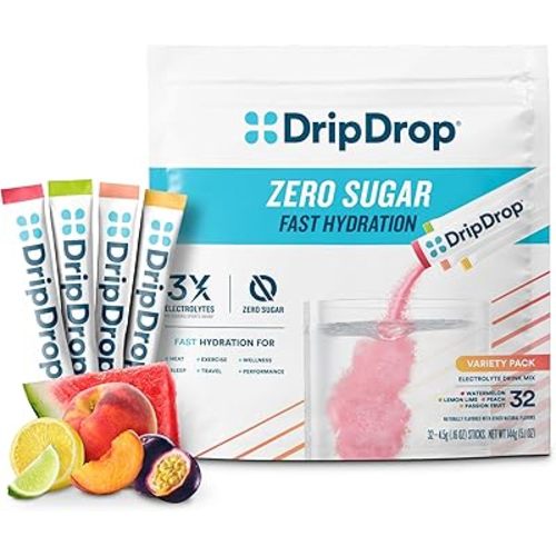 DripDrop Sugar Free Hydration Packets - Zero Classic Variety Pack - Single Serve Electrolytes Powder Drink Mix - Lemon Lime, Watermelon, Peach, Passion Fruit - Non-GMO, Gluten Free, Vegan - 32 Sticks