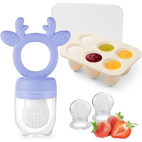 Baby Fruit Food Feeder Teether with Popsicle Molds, Cute Teething Toys Silicone Teethers for Babies 3-12 Months for Baby Feeding Gift