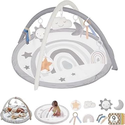 little dove Baby Gym and Infant Play Mat Rainbow Design for Newborn Stage-Based Developmental Activity Gym for Babies to Toddlers with 7 Toys Infant Mirror Tummy Time Mat Neutral Grey