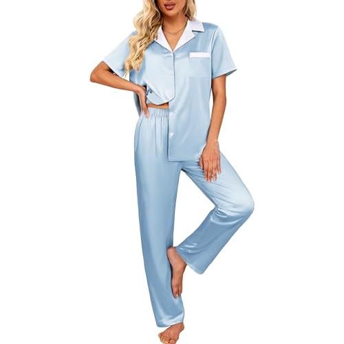 Ekouaer Satin Pajamas Set for Women Silk Button Down Sleepwear Short Sleeve Loungewear 2 Pieces Nightwear