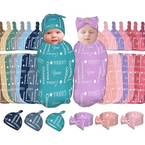Personalized Baby Swaddle and Hat Headband for Girls and Boys with Name Custom Baby Blankets for Girls and Boys