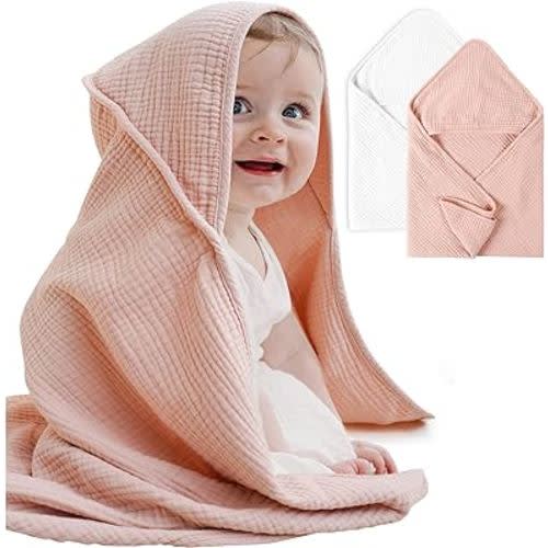 Konssy 2 Pack Muslin Hooded Baby Towels Soft 100% Cotton Baby Bath Towel for Newborn, Infant Ultra Absorbent, Natural Baby Stuff Baby Bath Shower Gifts for Boy and Girl(White,Pink,32" x 32")