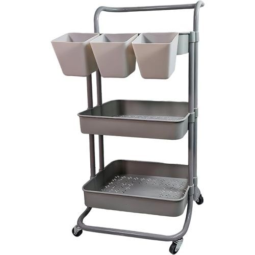 Ceeyali 3-Tier Rolling Utility Cart Storage Organizer Shelf Cart with Lockable Wheels and 3PCS Cups and 8PCS Hooks for Home Kitchen,Bathroom,Office,Laundry Room etc. (Grey)