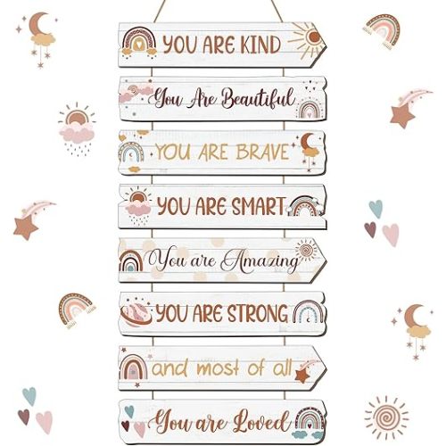 Inspirational Girl Room Decor Aesthetic Art Wall Hanging Sign Inspiring Colorful Rainbow Wooden Decoration for Kids Teens Toddler Boy Baby Bedroom Nursery Dorm Decor, 6-12 Years old (Boho)