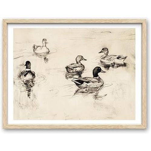iHery Natural OAK Wood Cute Framed Wall Art, 12x16in Vintage Ducks Sketch Canvas Print, Cottagecore Neutral Beige Frame Logs Antique Art for Kids Room, Living Room Set of 1