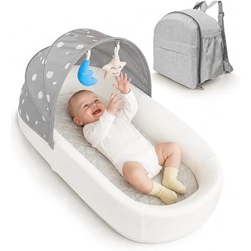 Portable Newborn Nest Lounger with Canopy & Mosquito Net-Lightweight Foldable Newborn Play Support & pad and Washable Cover, Indoor-Outdoor Use (Grey)