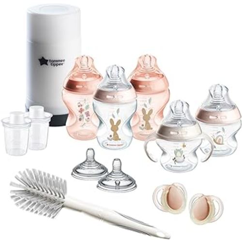 Tommee Tippee Natural Start Ready for Baby BPA Free Bottle 14 Piece Set, 2 x 5oz and 3 x 9oz Anti-Colic Bottles, Slow and Medium Flow Nipples, 0-6 Month Pacifiers, Pink
