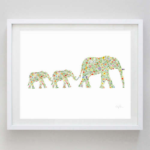 Mama and Baby Elephants Two Babies Floral Watercolor Print - Carly Rae Studio