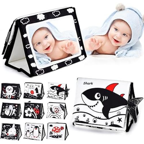 Tummy Time Floor Mirror, Black and White High Contrast Baby Mirror Toys with Crinkle Cloth Books Sensory Baby Toys Non-Toxic Activity Development Floor Toys for 0 3 6 12 Month Infant Newborn