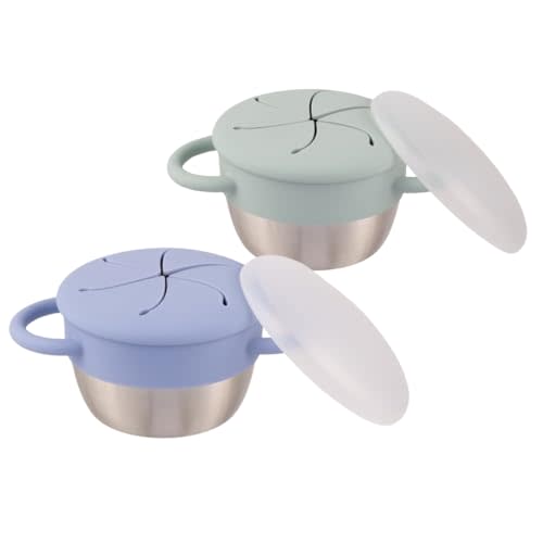 Elk and Friends Stainless Steel Snack Cups – Pack of 2 | Removable Silicone Food Catcher and Travel Lid | Spill-Proof Snack Containers for Baby, Toddler, Kids | Dishwasher Safe, Food Grade Silicone