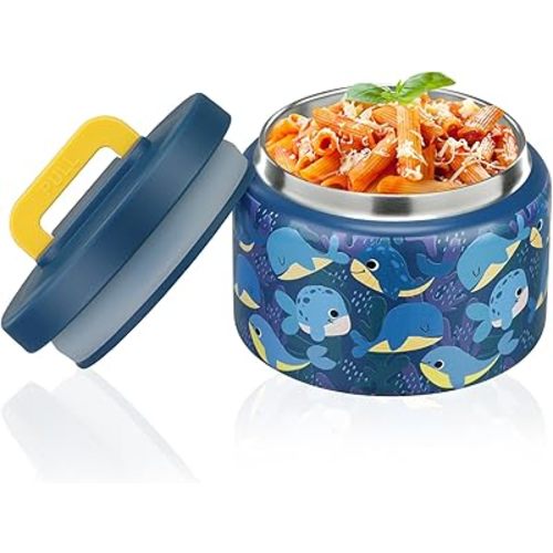 PIQUEBAR 8oz Kids Thermo for Hot Food,Small Lunch Thermos Food Container Stainless Steel,Easy Open Wide Mouth Thermo for Hot Cold Food for Preschool Travel (Blue Whale)