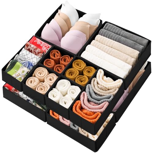 Stero 12 Pack Drawer Organizers for Clothing, Dresser Drawer Organizer Clothes, Fabric Foldable Closet Organizers and Storage Basket Bins for Baby Clothes, Underwear, Bras, Socks (Black)