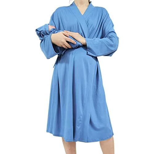 QTECLOR Mommy Robe for Maternity with Matching Swaddle Blanket Girls Boys, Delivery Labor Robe for Hospital Women Dress