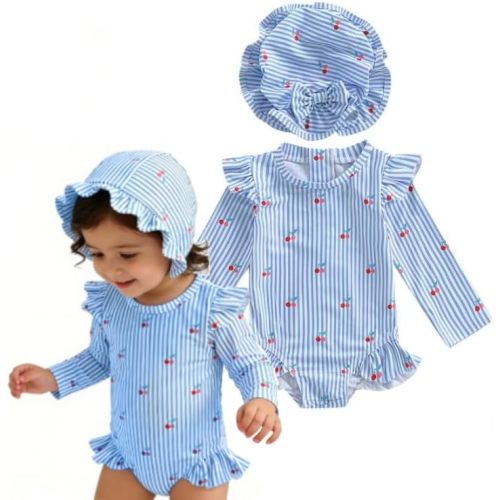 Baby Infant Girl Swimsuit One-Piece Long Sleeve Rash Guard Bathing Suit Swimwear with Sun Hat