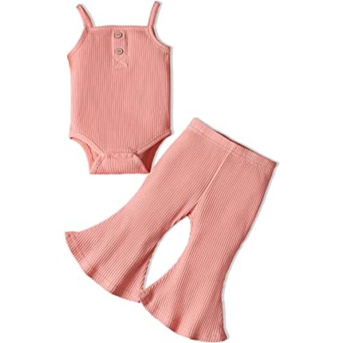 Infant Baby Girl Clothes Sleeveless Romper Bodysuit Tops & Flared Bell Bottom Pants Solid Color Newborn Summer Outfits Sets
