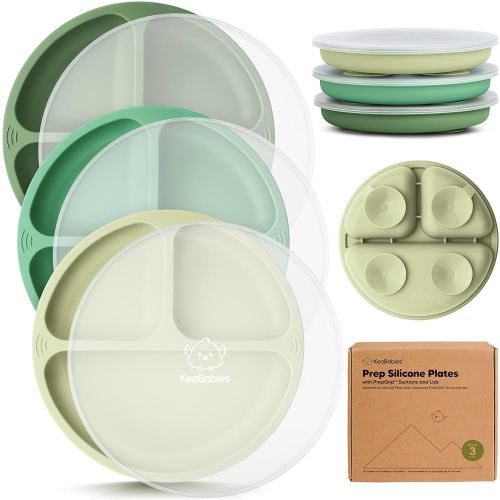 KeaBabies Suction Plates with Lids for Baby - 3-Pack 100% Silicone Toddler Plates with Suction, Divided, BPA-Free Baby Led Weaning Essentials for Kids, Dishwasher, Microwave Safe, Durable (Forest)