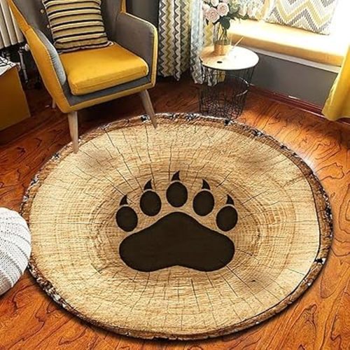 Rustic Bear Animal Paw Print Rugs 5Ft for Farmhouse Living Room Tree Ring Wood Texture Circle Area Rug Lightweight Stain Resistant Floor Mat Carpet